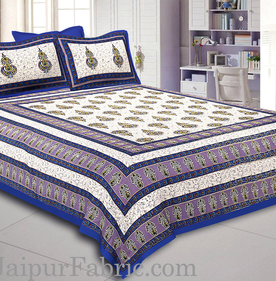 Blue Border Creame Base Sanganeri Print Super Fine Cotton Double Bedsheet