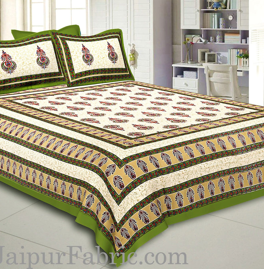 Green Border Cream  Base Sanganeri Print Super Fine Cotton Double Bedsheet