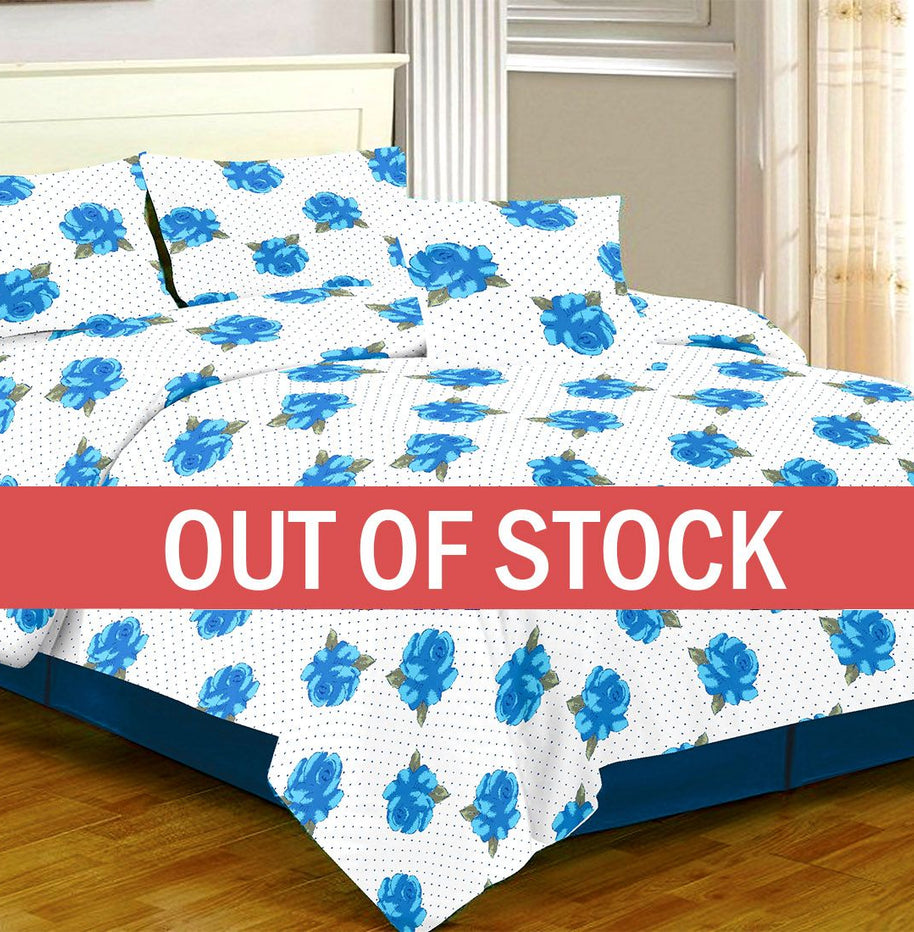 White Base Blue Flower Dotted Print Double Bed Sheet