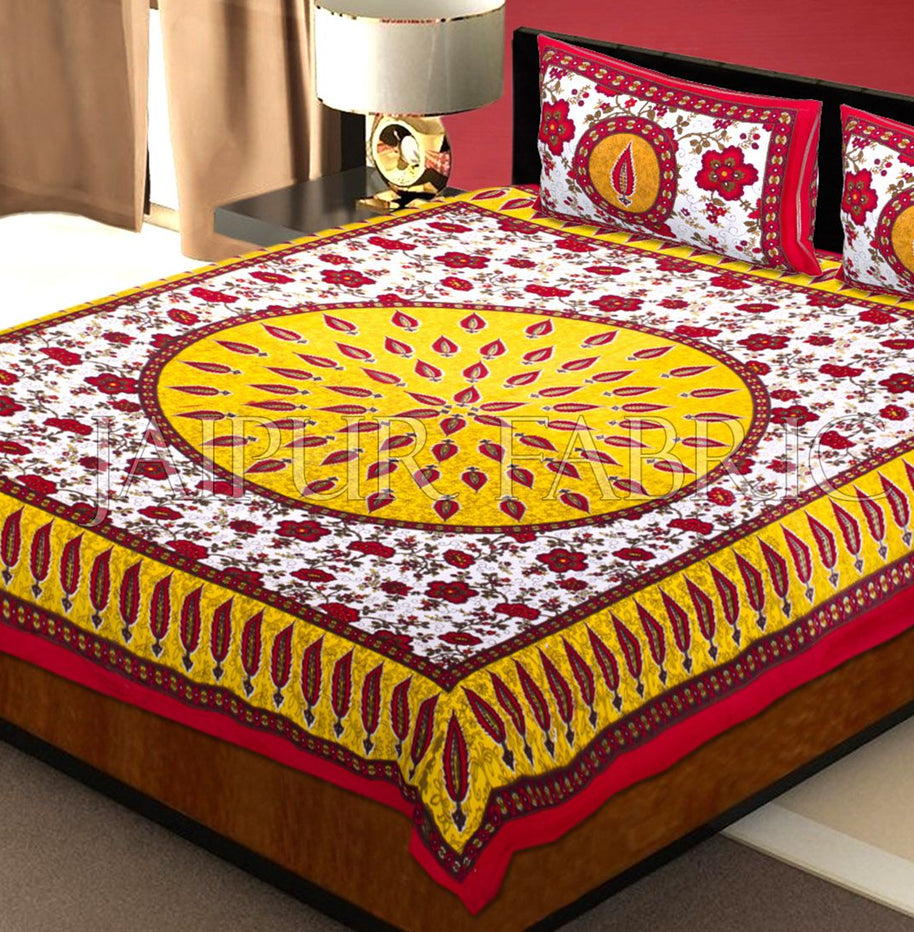 Red and Yellow Border with White Base Floral Print Cotton Double Bed Sheet