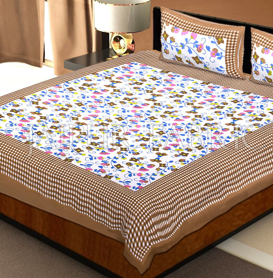 Brown Checkered Border Floral Print Cotton Double Bed Sheet