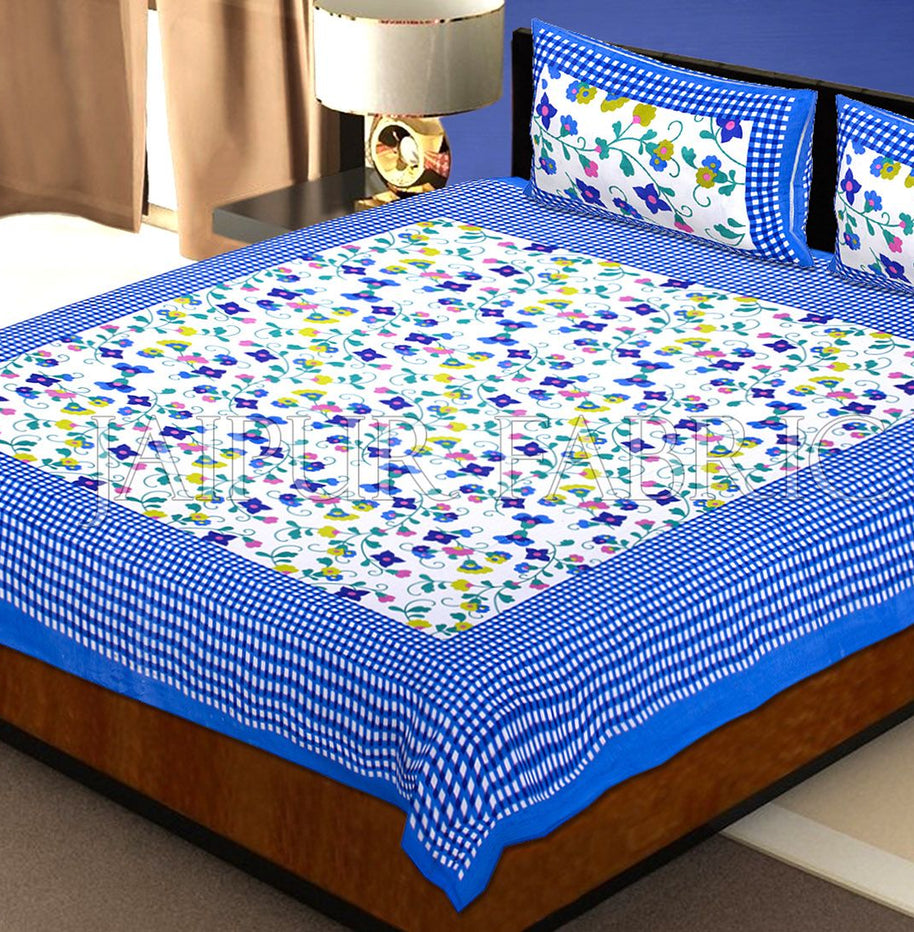 Blue Checkered Border Floral Print Cotton Double Bed Sheet