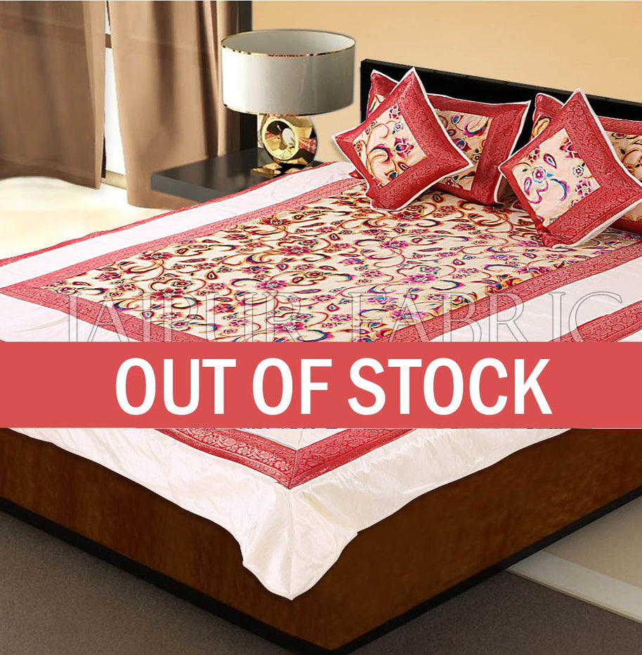 Cream Base With Red Golden Patchwork Cotton Satin Double Bed Sheet