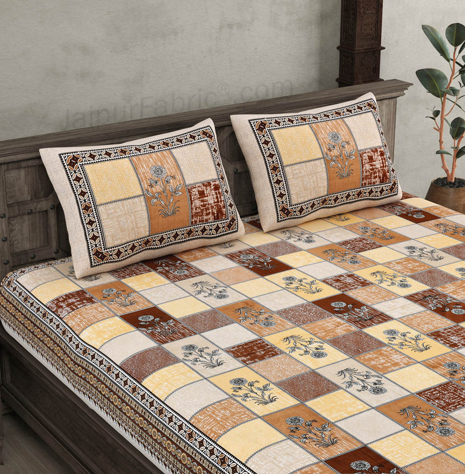 Decorated Squares Brown Cotton Double Bedsheet