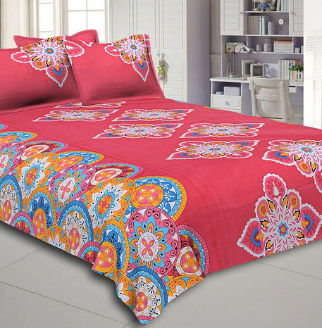 Red Base Multi Color Rangoli Print Cotton Double Bed Sheet