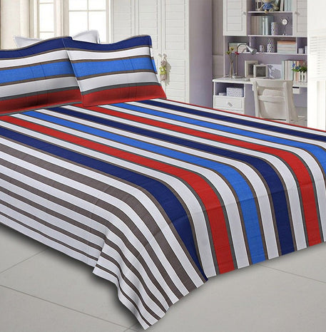 Red and Blue Vertical Striped Cotton Double Bed Sheet