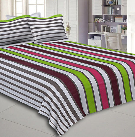 Green and Maroon Vertical Striped Cotton Double Bed Sheet