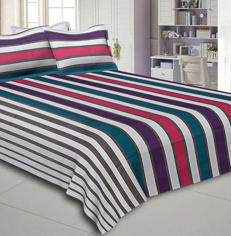 Pink and Purple Vertical Striped Cotton Double Bed Sheet