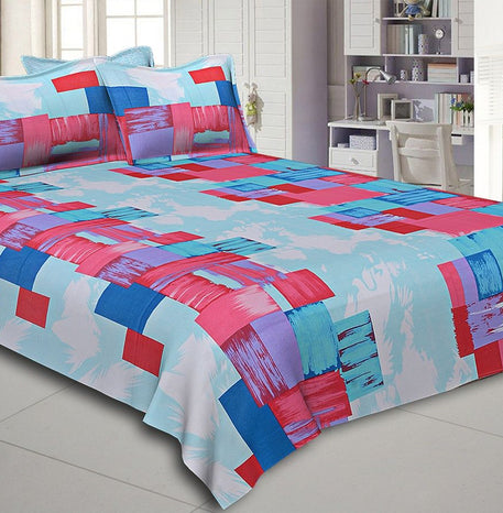 Pink and Blue Modern Design Cotton Double Bed Sheet