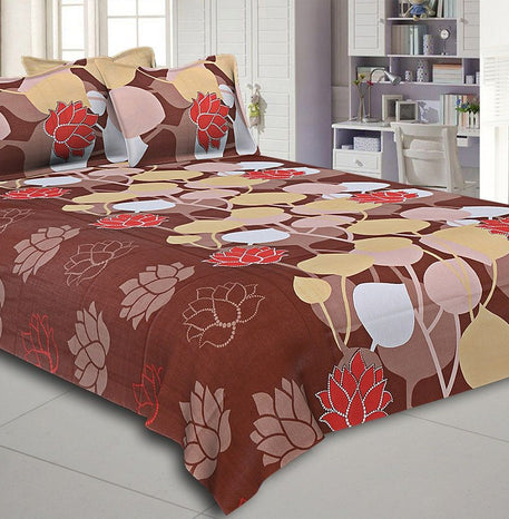 Brown Base Floral Print Designer Cotton Double Bed Sheet