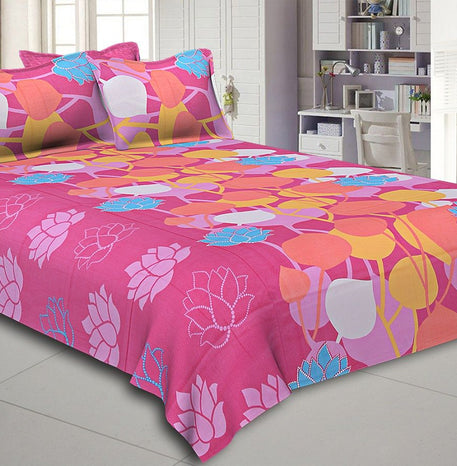 Pink Base Floral Print Designer Cotton Double Bed Sheet