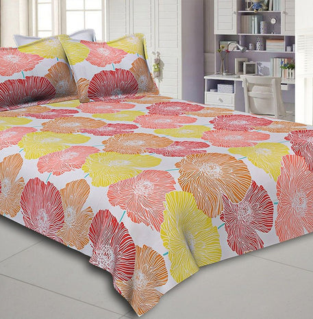 Yellow and Orange Floral Designer Cotton Double Bed Sheet