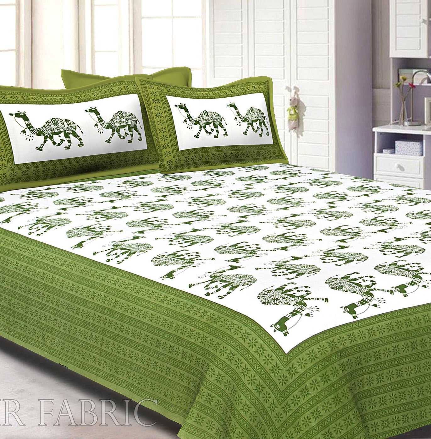 Green Camel Print Cotton Double Bed Sheet