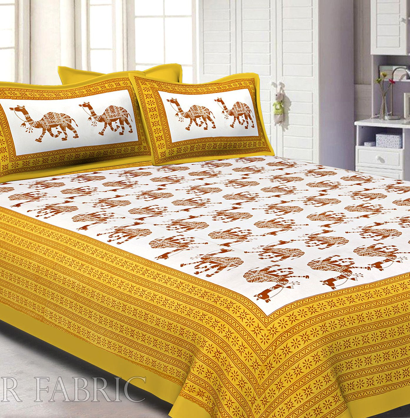 Yellow Camel Print Cotton Double Bed Sheet