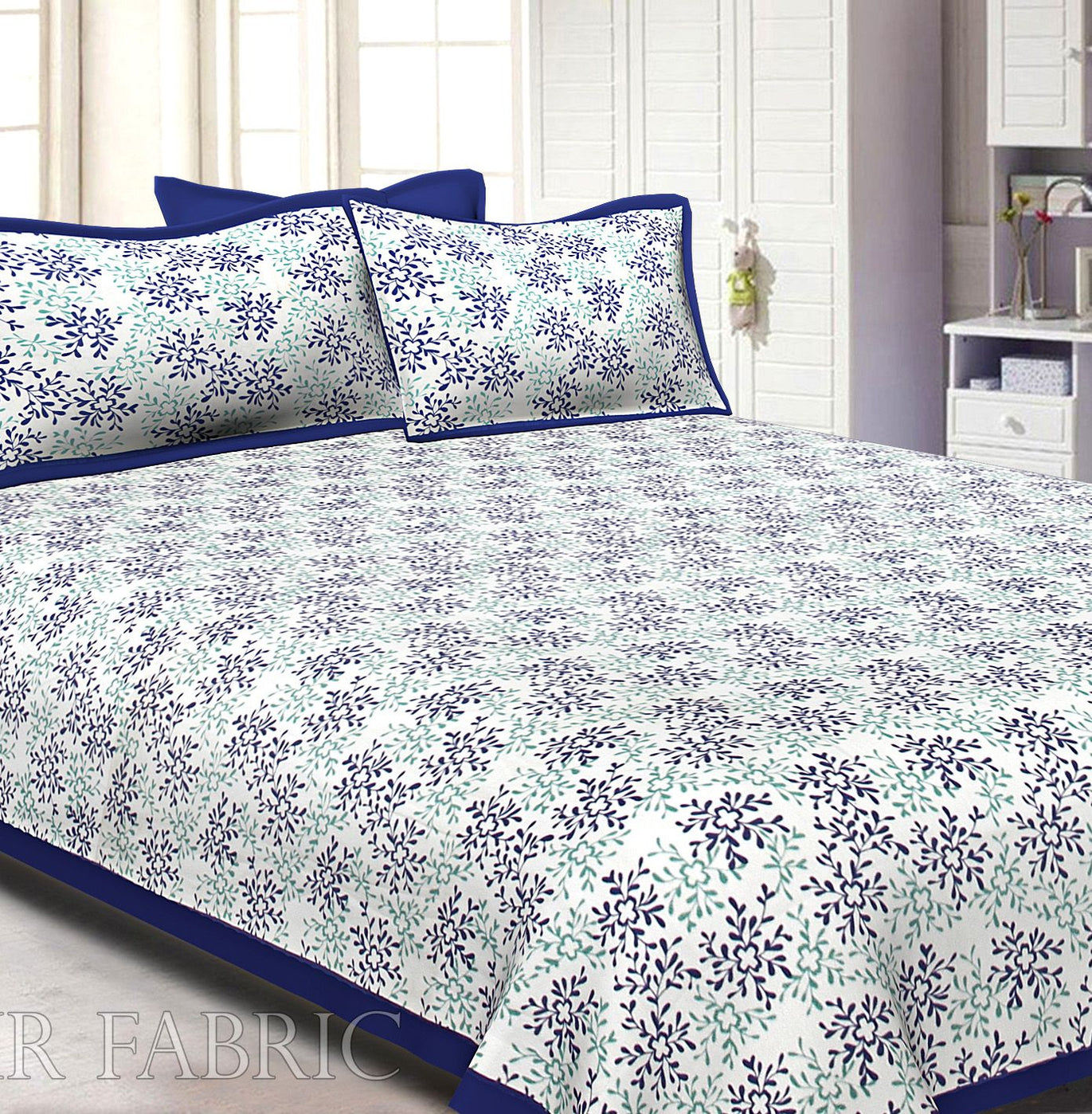 Blue Border Floral Printed Cotton Double Bed Sheet