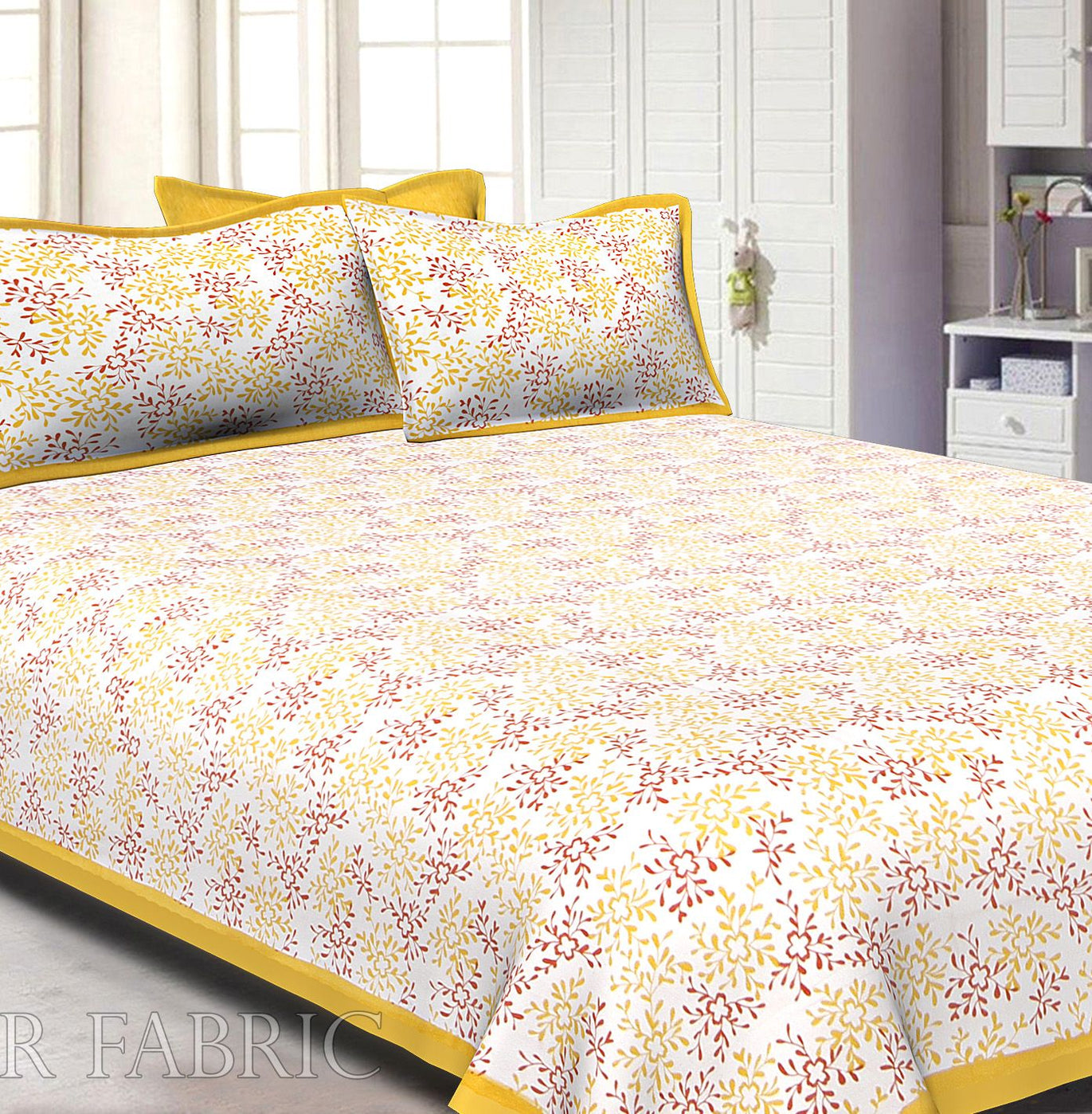 Yellow Border Floral Printed Cotton Double Bed Sheet