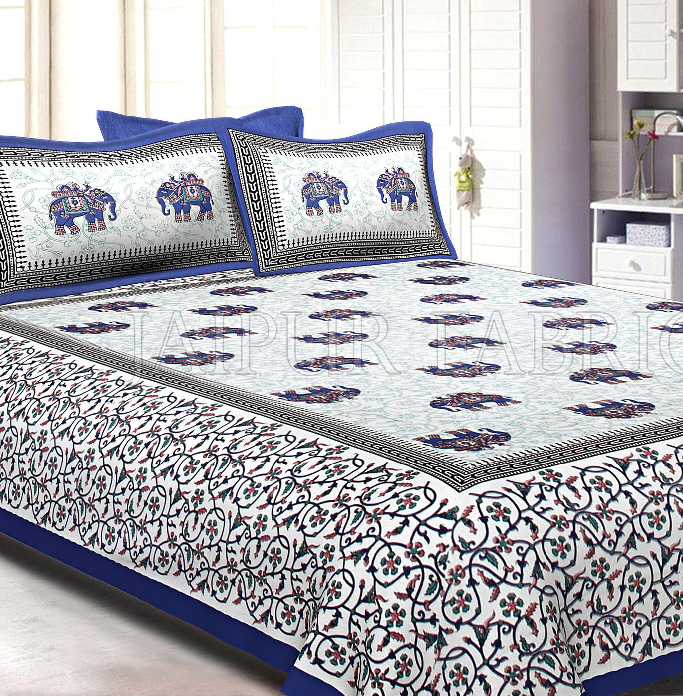 Blue Border Jaipuri Elephant Print Cotton Double Bed Sheet