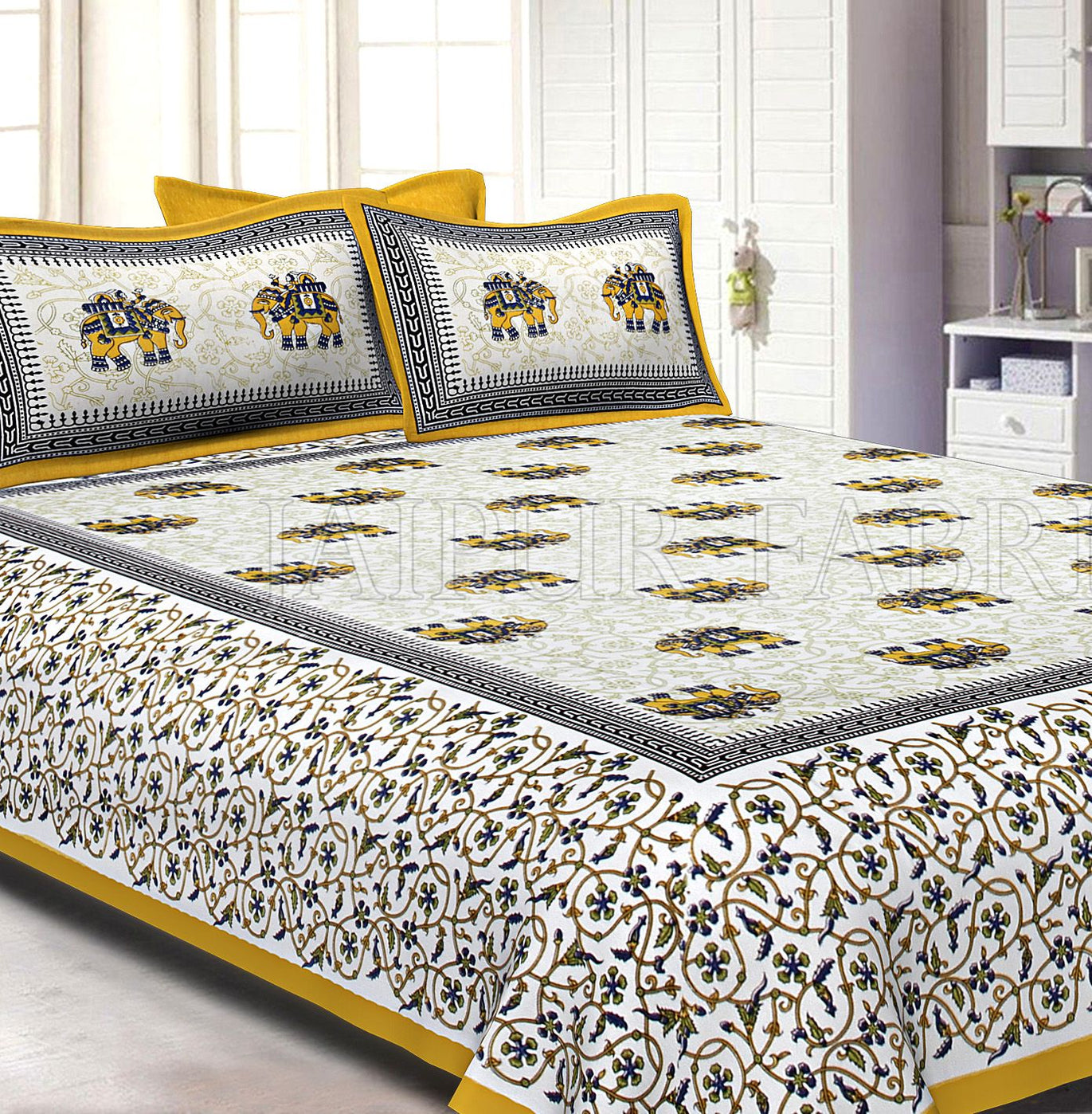 Yellow Border Jaipuri Elephant Print Cotton Double Bed Sheet