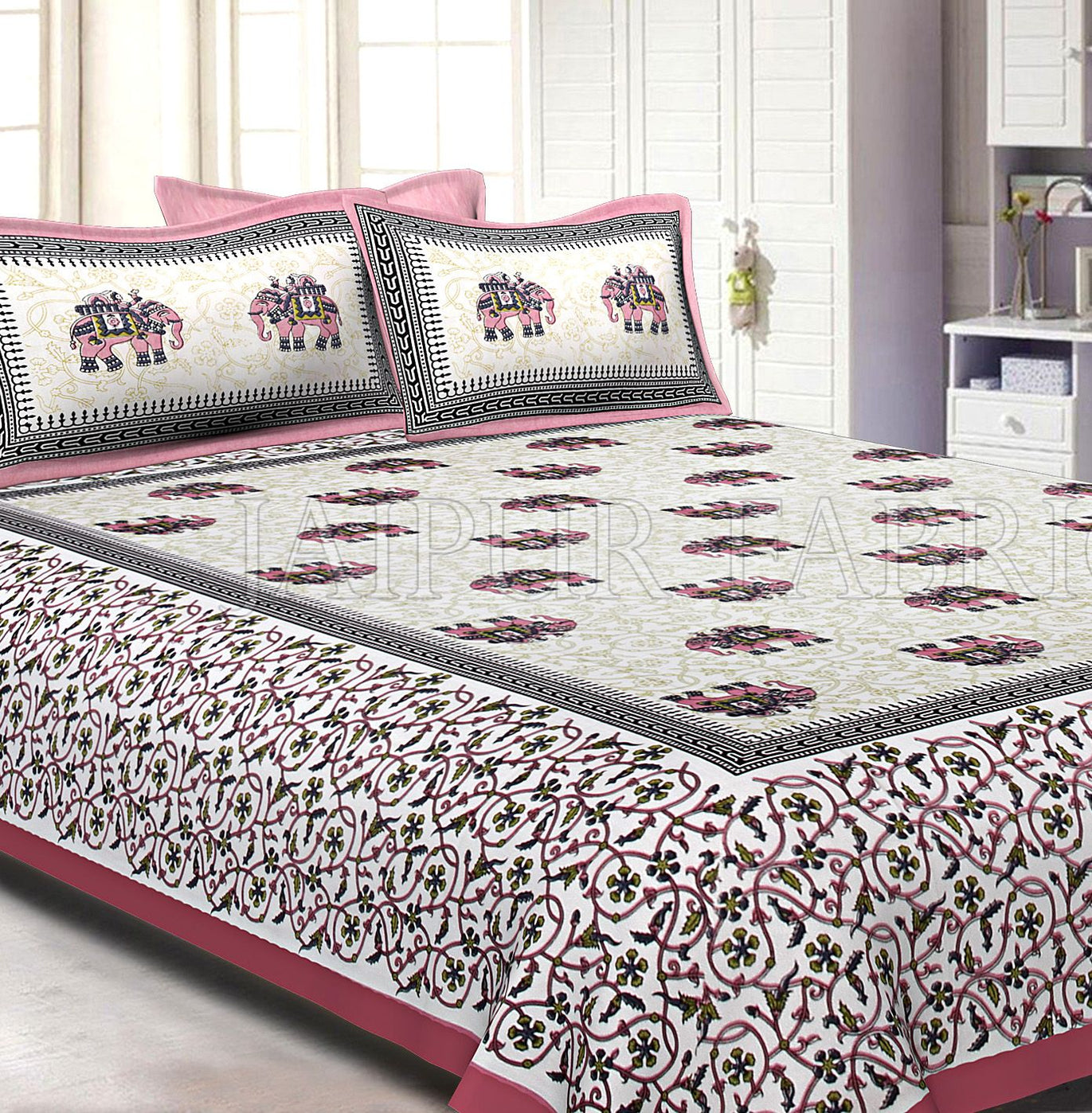 Pink Border Jaipuri Elephant Print Cotton Double Bed Sheet