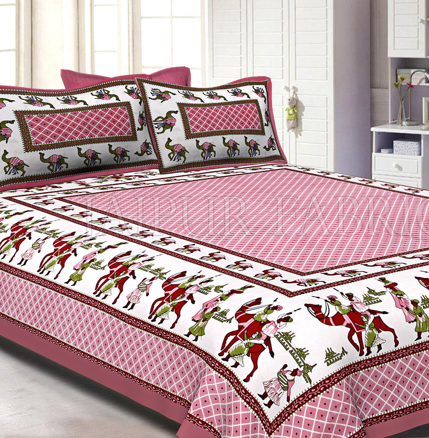 Pink Border Fat Wedding Print Cotton Double Bed Sheet