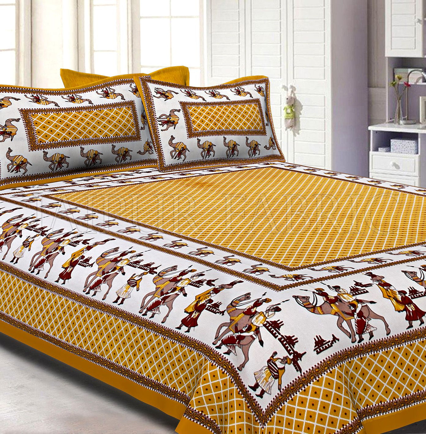 Yellow Border Fat Wedding Print Cotton Double Bed Sheet