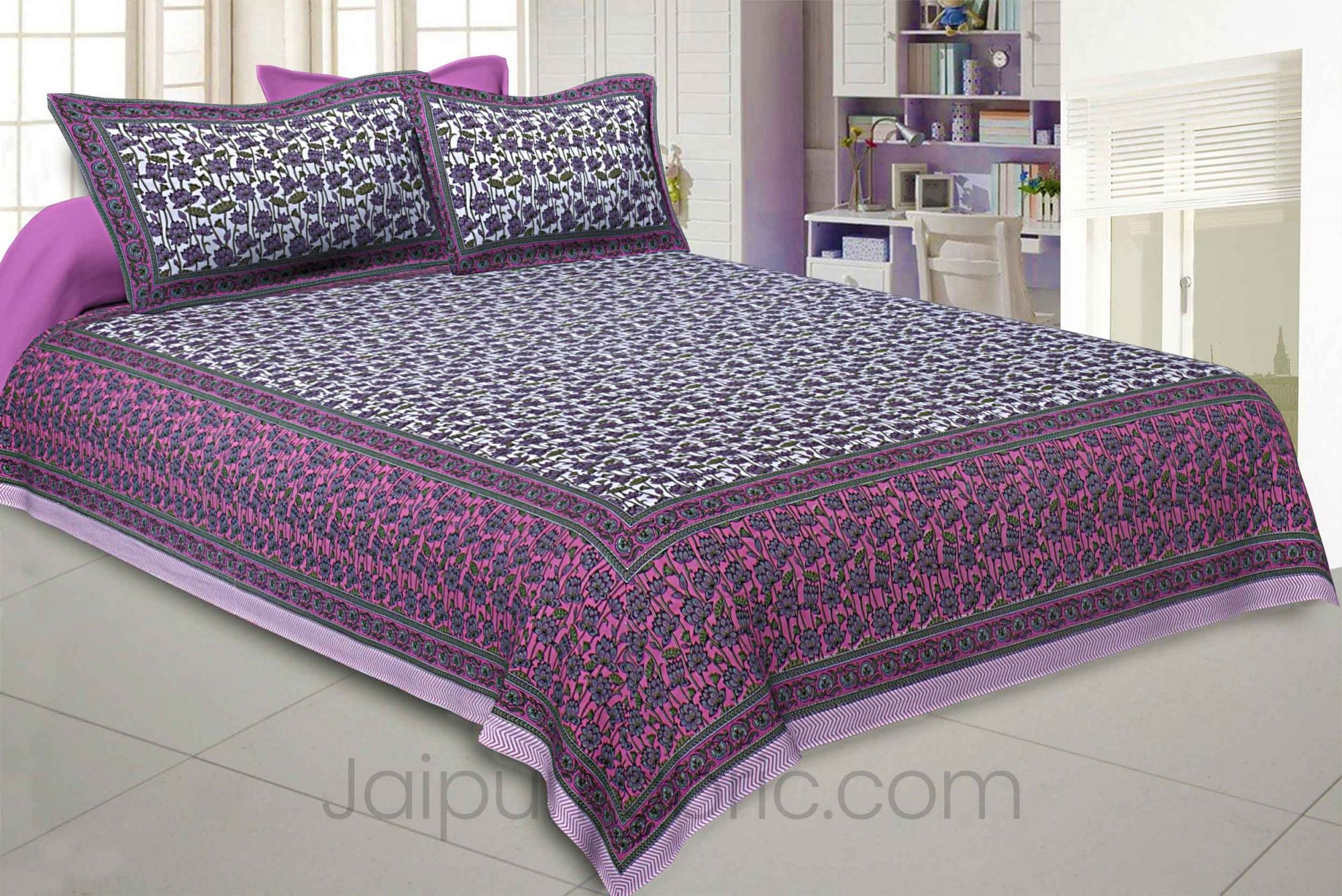 Fresh Garden Purple Grey Double Bedsheet