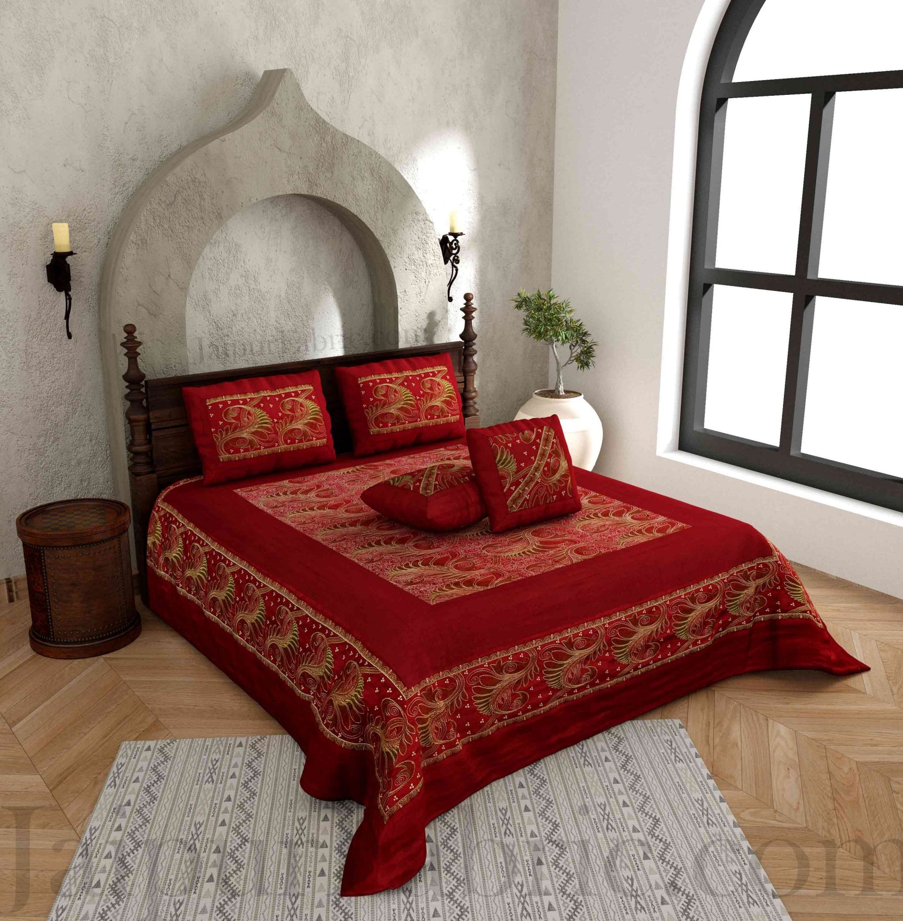 Silk Bed Sheet  Maroon Color With Lace Work Superfine bed cover