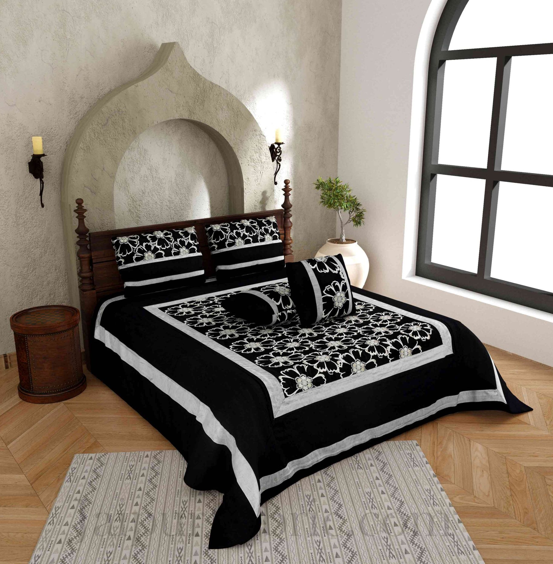 Black Zari Luxurious Embroidered Work Floral Superfine Silk Double BedCover