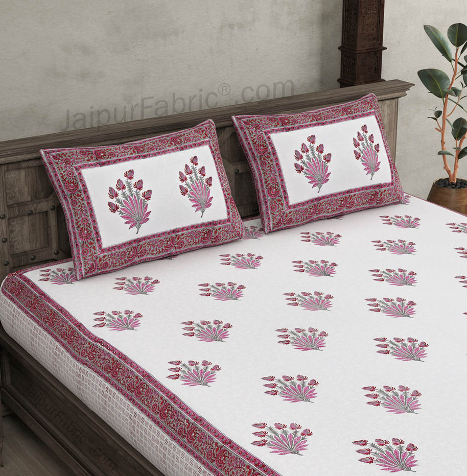 Feathers of Fortune Pink Hand Block Print Double Bedsheet