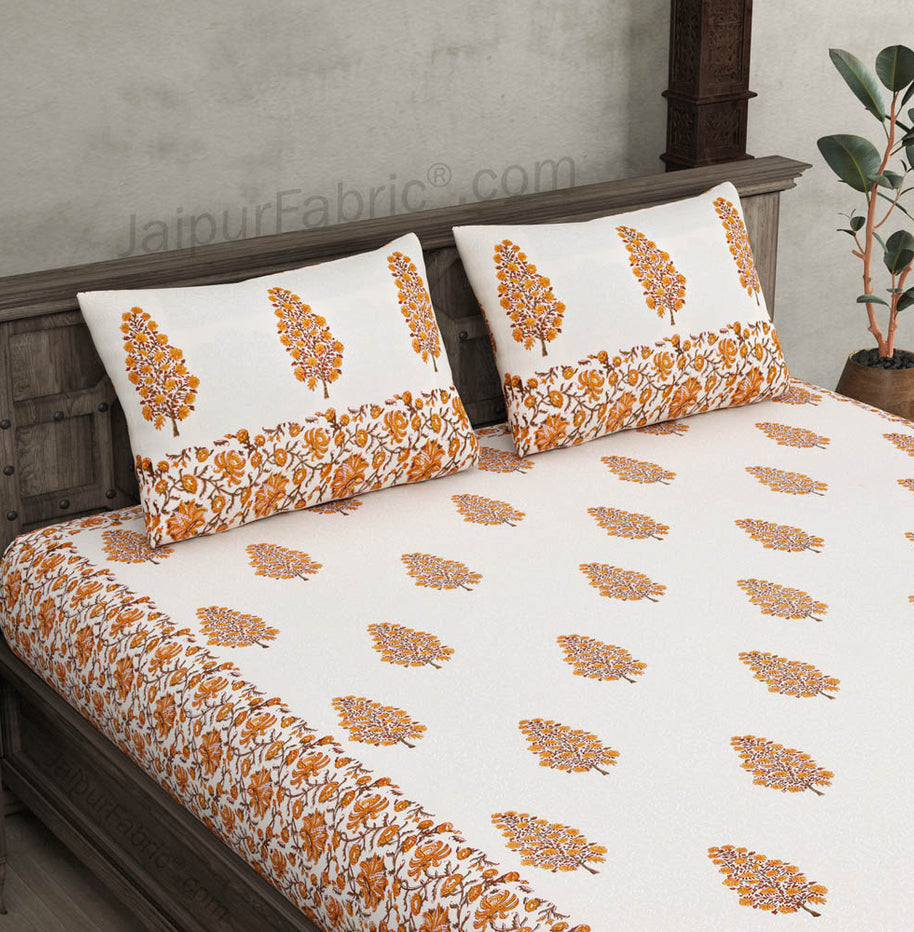 Traditional Tree Yellow Hand Block Print Double Bedsheet