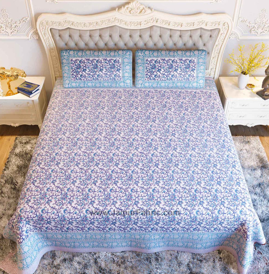 Blue Floral Festoon Hand Block Print Double Bedsheet