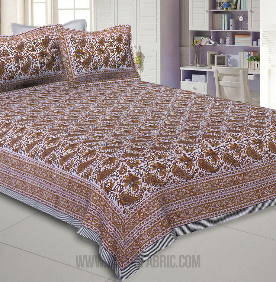 Playful Paisley Brown Hand Block Print Double Bedsheet