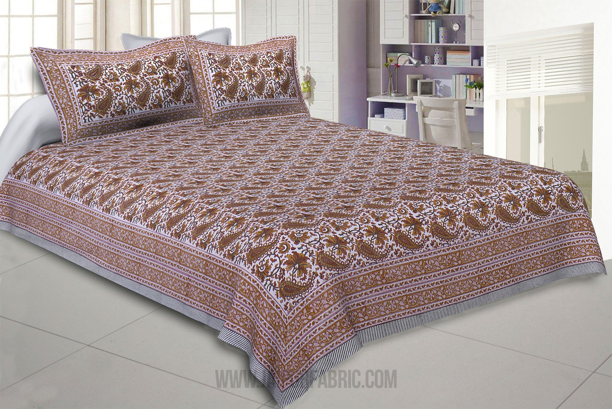 Playful Paisley Brown Hand Block Print Double Bedsheet