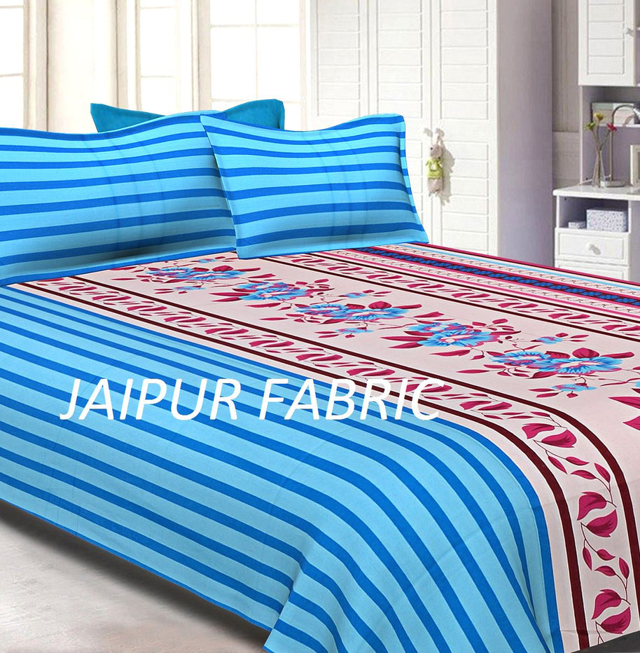 Blue Slanting Stripes with Pink Border Cotton Double Bed Sheet