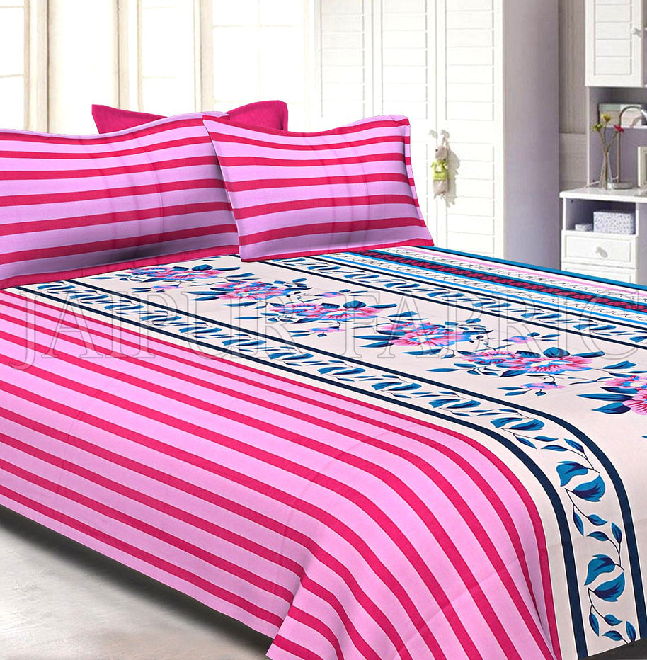 Pink Slanting Stripes with Blue Border Cotton Double Bed Sheet