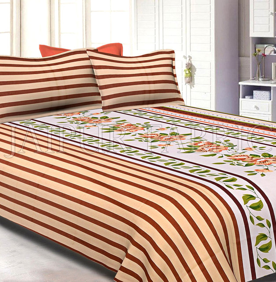 Brown Slanting Stripes with Green Border Cotton Double Bed Sheet