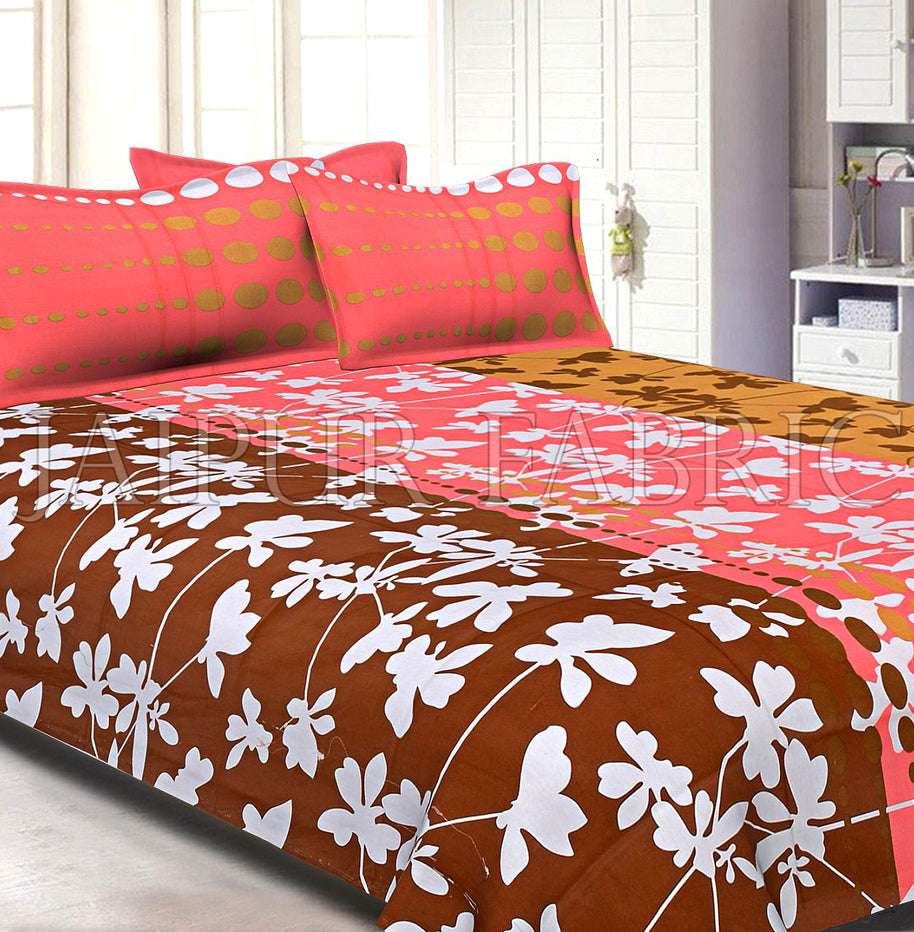 Brown and Peach Printed Cotton Double Bed Sheet