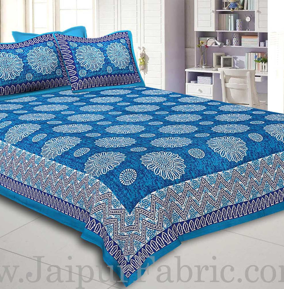 Firozi Border With Zig Zag Pattern Firozi Blue Base With White Flowers Print Coton Double Bedsheet