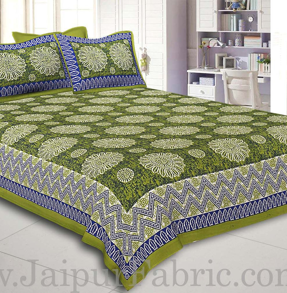 Green Border With Zig Zag Pattern Green Blue Base With White Flowers Print Coton Double Bedsheet