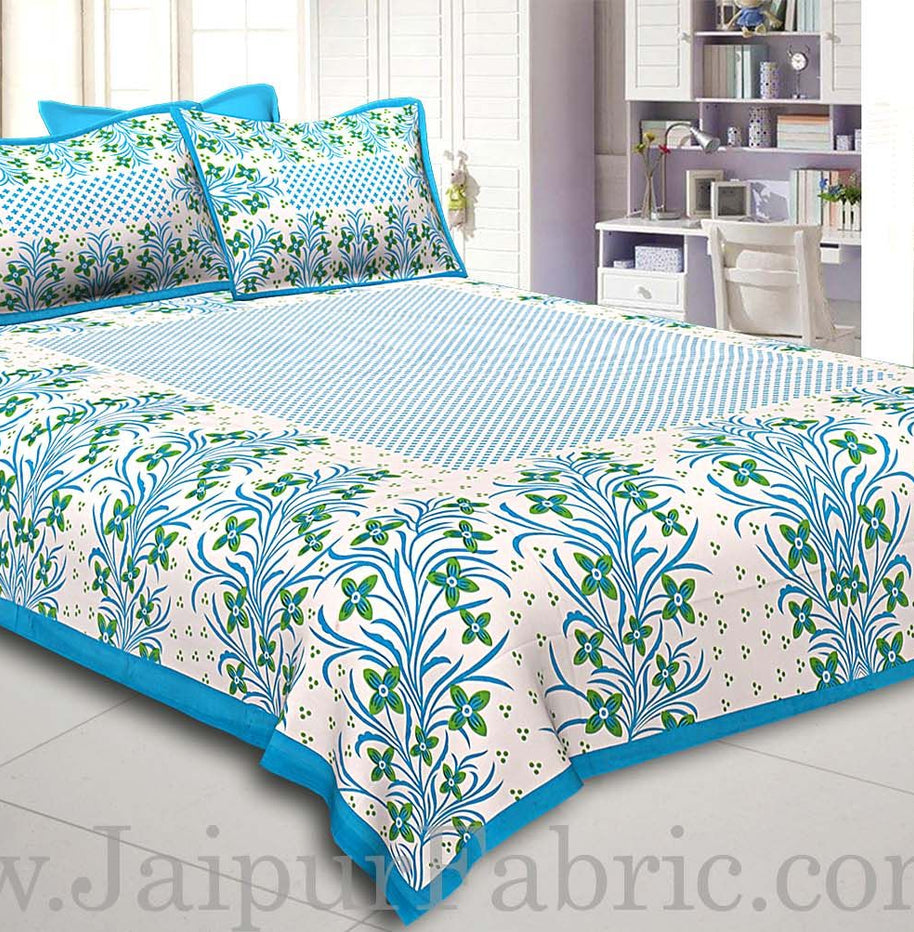 Firozi Border White Base Green Flower and Leaf Pattern Coton Double Bedsheet