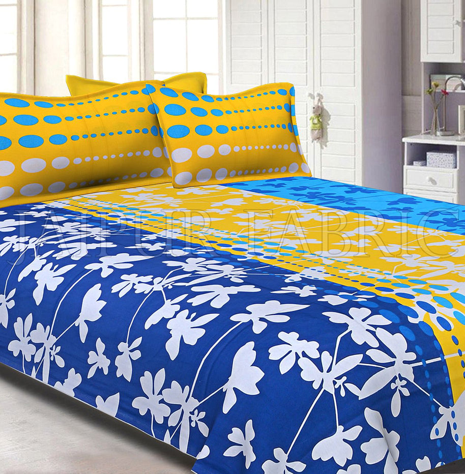 Blue and Yellow Printed Cotton Double Bed Sheet