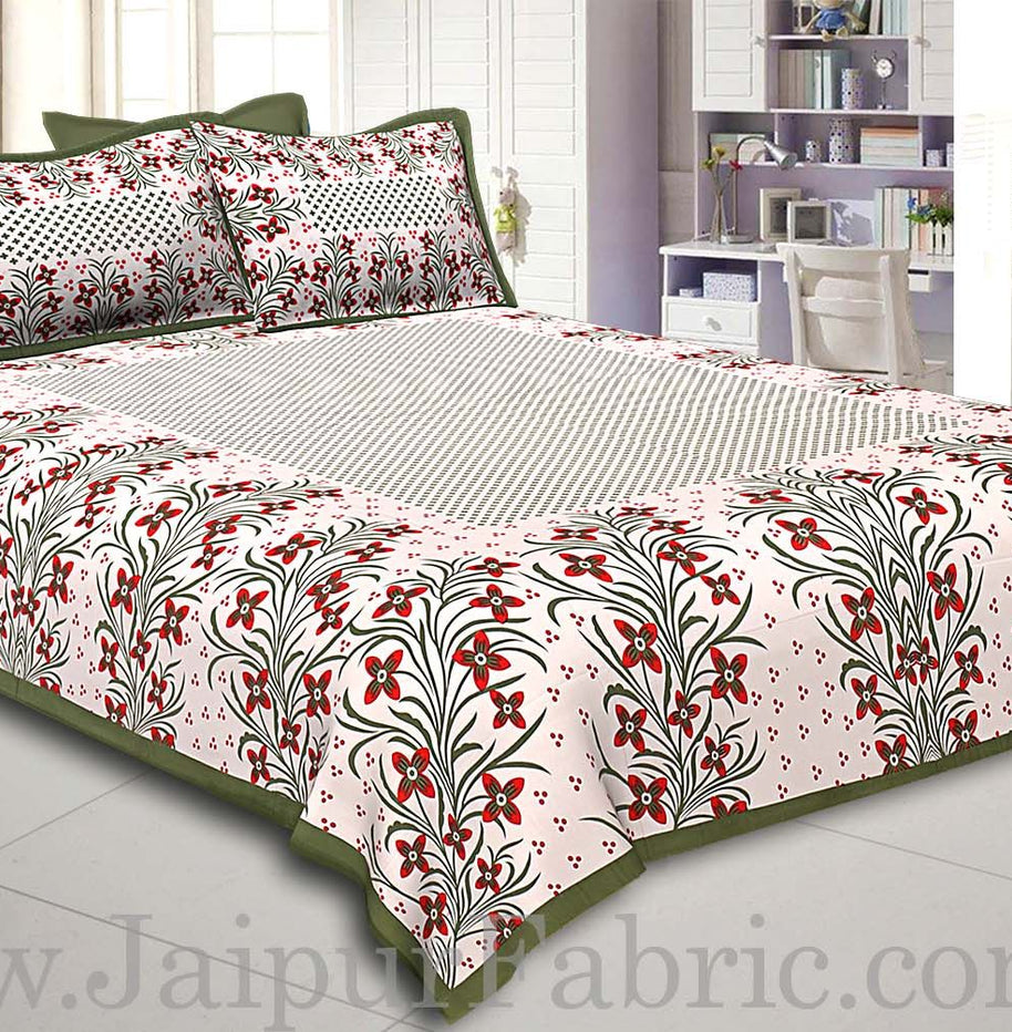 Mehndi Border White Base Red and Green Flower and Leaf Pattern Coton Double Bedsheet