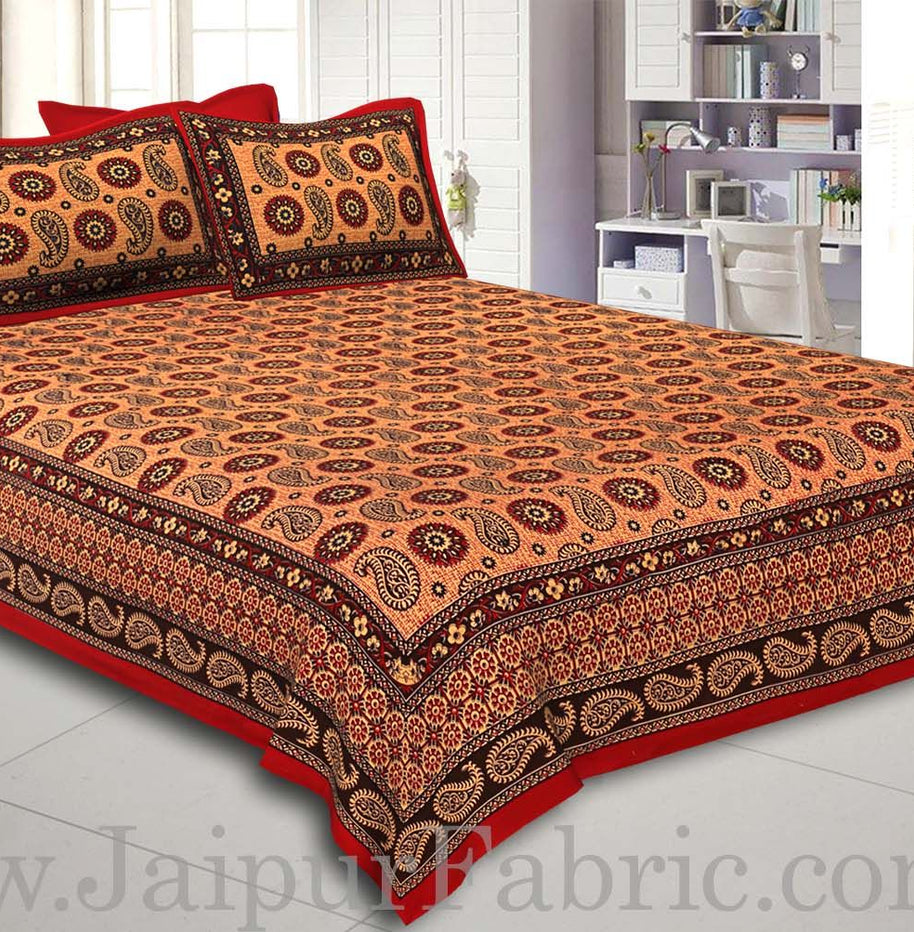 Red Border Peach Base Flower and Paisley Pattern Coton Double Bedsheet