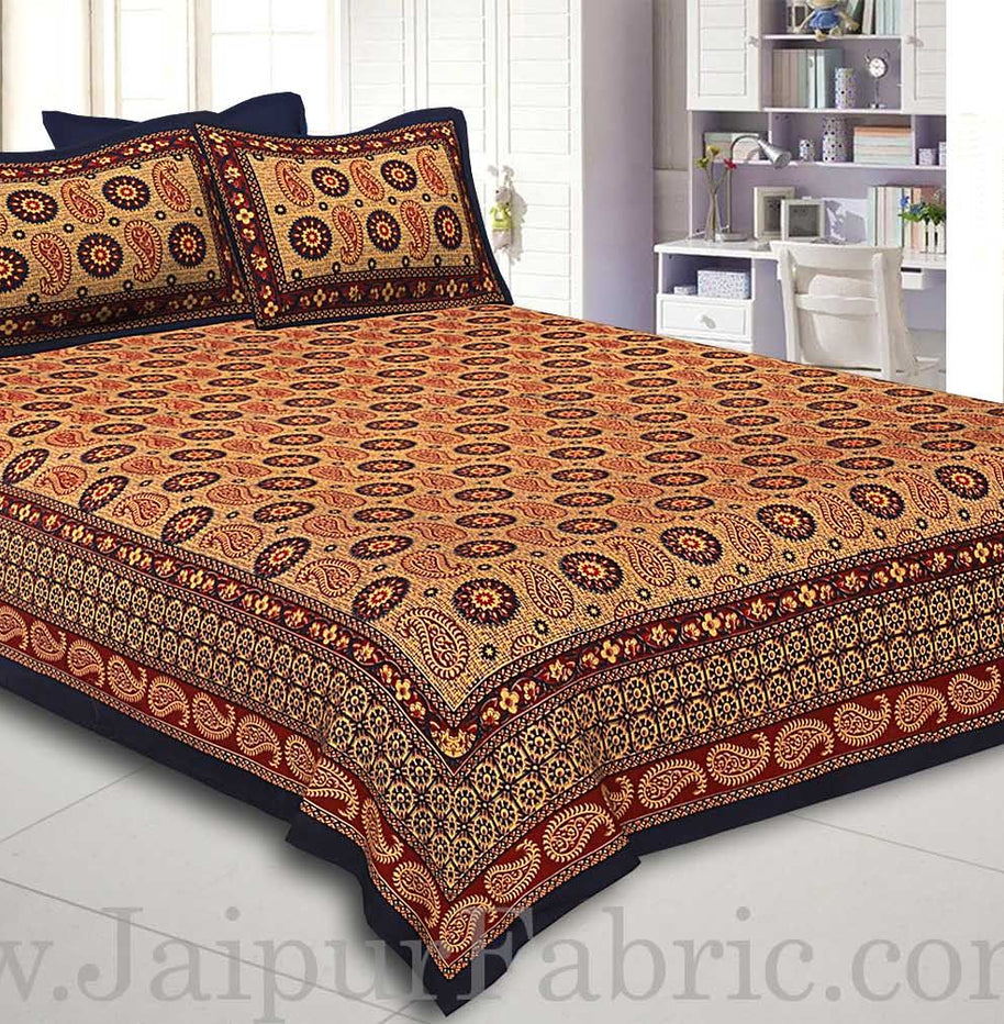 Navy Blue Border Light Brown Base Flower and Paisley Pattern Coton Double Bedsheet