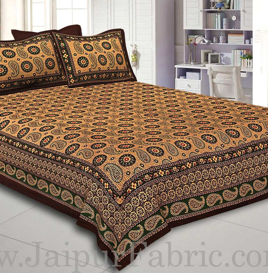 Dark Green Border Light Brown Base Flower and Paisley Pattern Coton Double Bedsheet