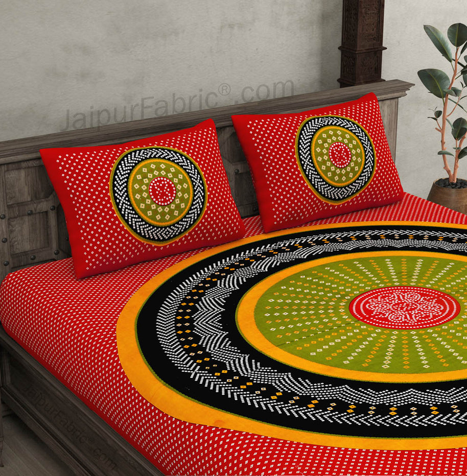 Double Bedsheet Red Green With Round Shape Bandhej Print