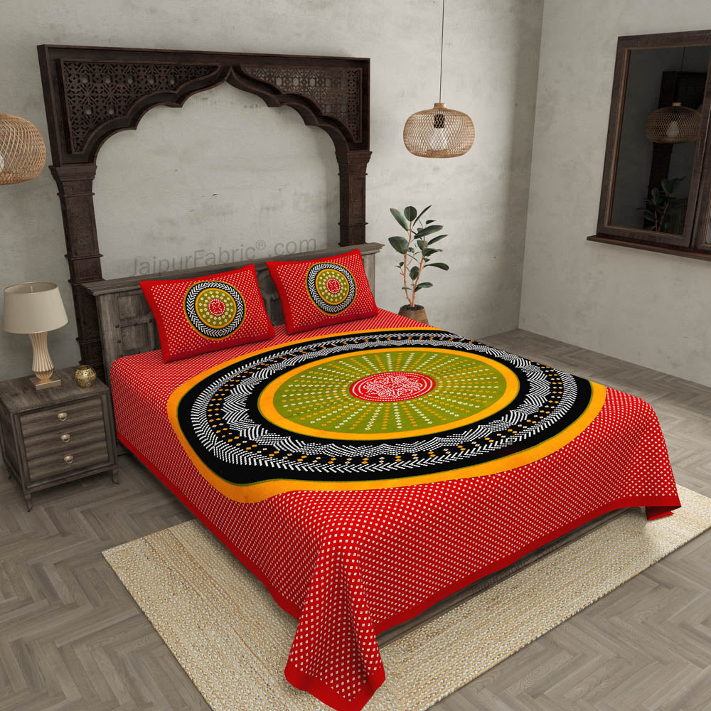 Double Bedsheet Red Green With Round Shape Bandhej Print