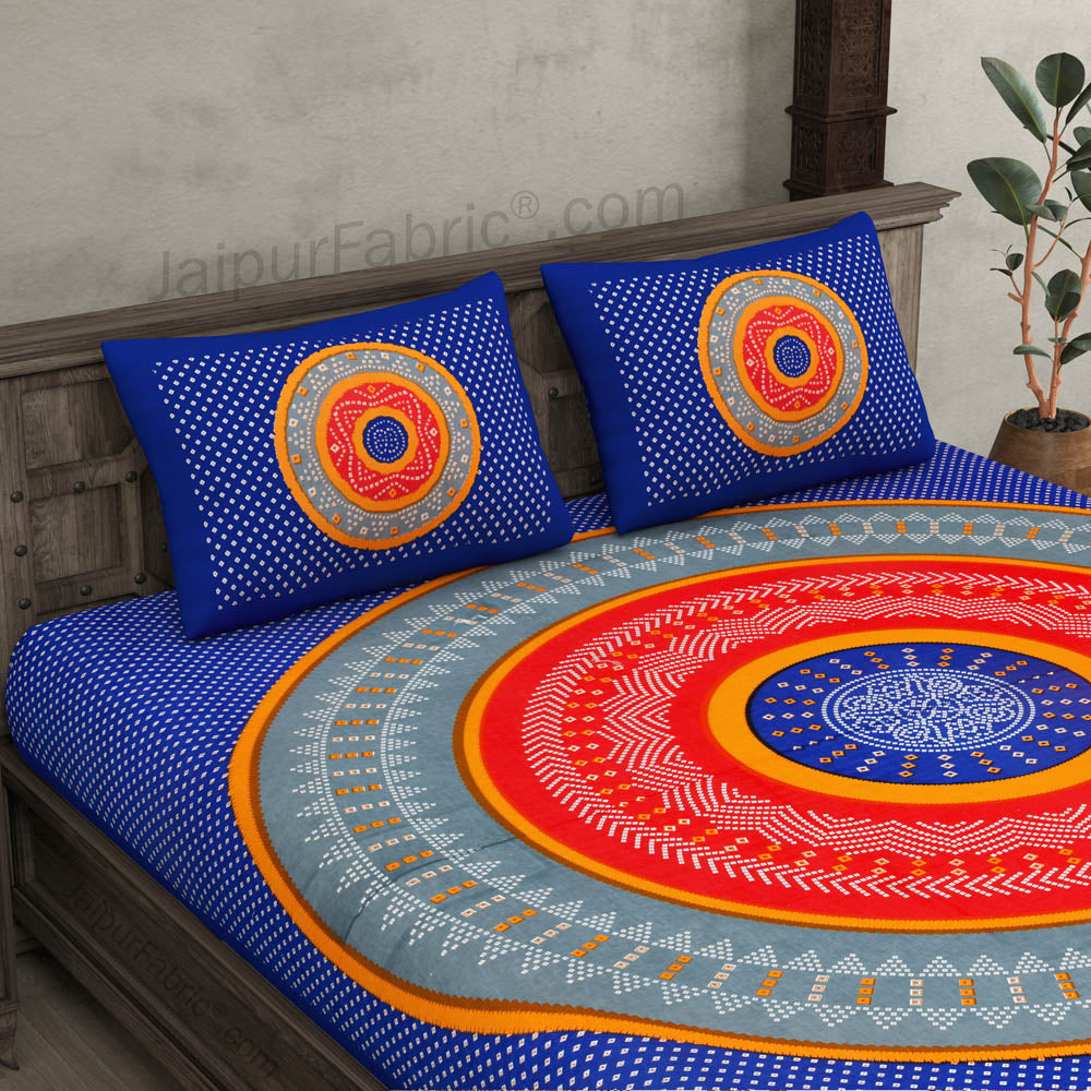 Double Bedsheet Blue With Round Shape Bandhej Print