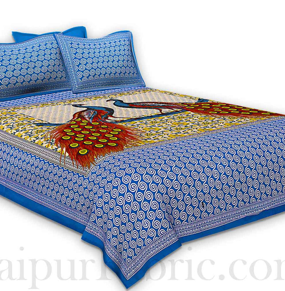 Firozi Border Double Peacock Design Coton Double Bedsheet