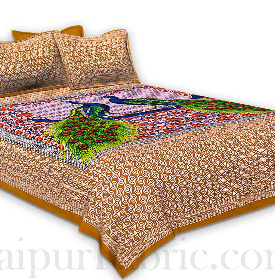 Brown Border Double Peacock Design Coton Double Bedsheet